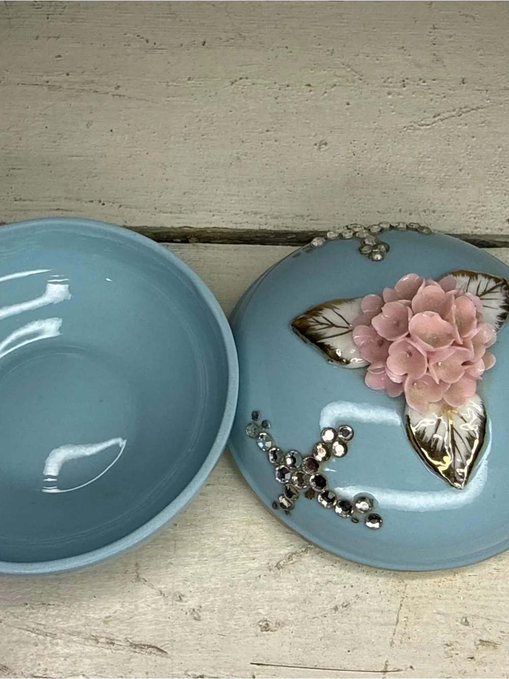 RARE VTG Lefton Blue Porcelain, Pink Floral Spray, Gold Tips & Rhinestone Accent
